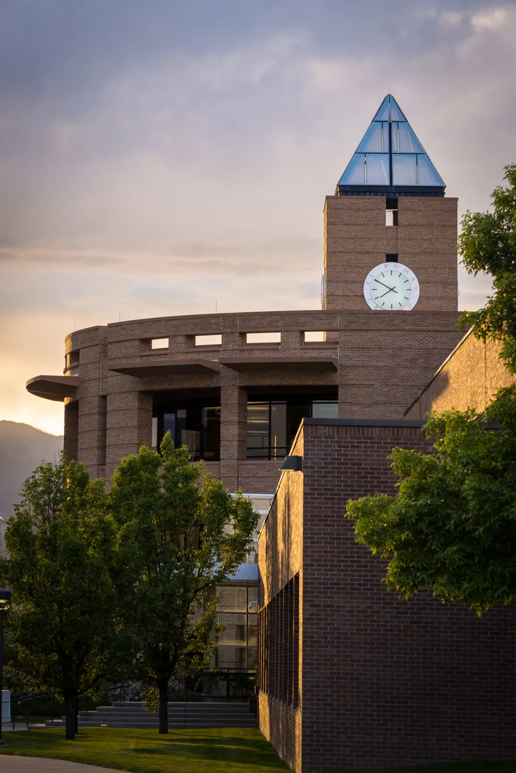 El Pomar Clock Tower on UCCS Campus at sunset